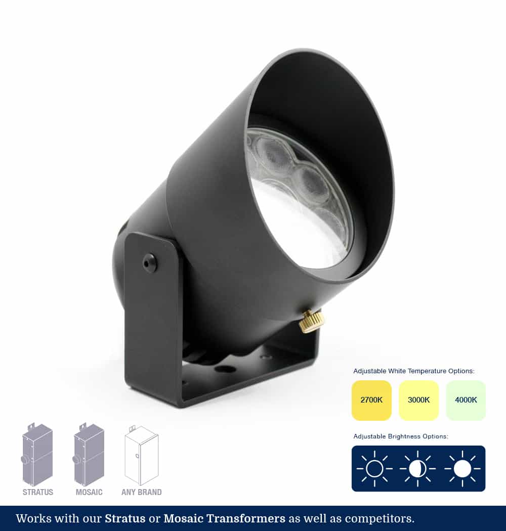 Landscape Lighting Up Light, 6 Watt, 2700k, 3000k, 4000k Selectable. Three brightness settings. Four beam angle lenses included.