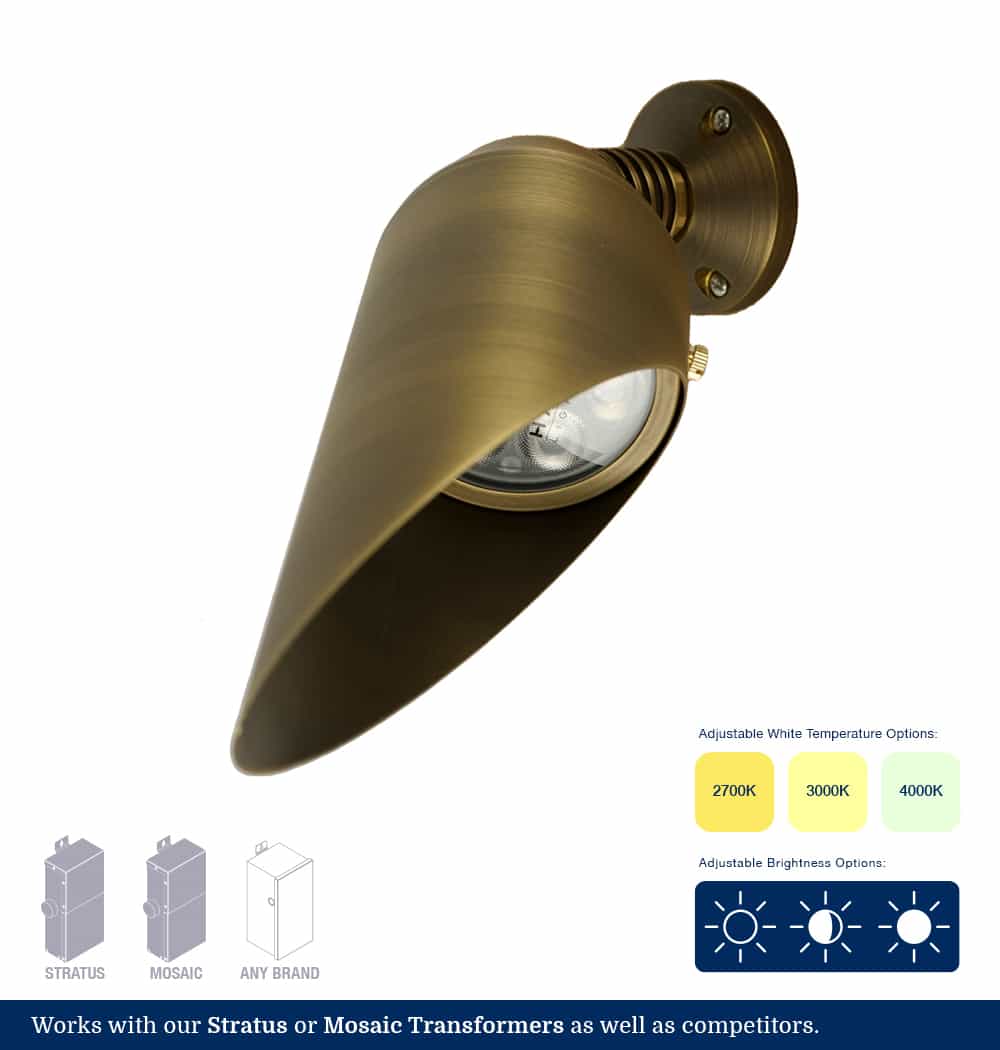 Landscape Lighting Brass Down Light, 6 Watt, 2700k, 3000k, 4000k Selectable. Three brightness settings. Four beam angle lenses included.