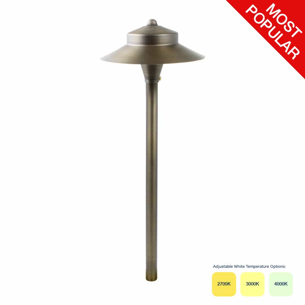 Landscape Lighting Brass Path Light, 6 Watt, 2700k, 3000k, 4000k Selectable. Two tier top.