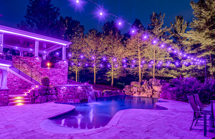 backyard color lighting and string lights with color