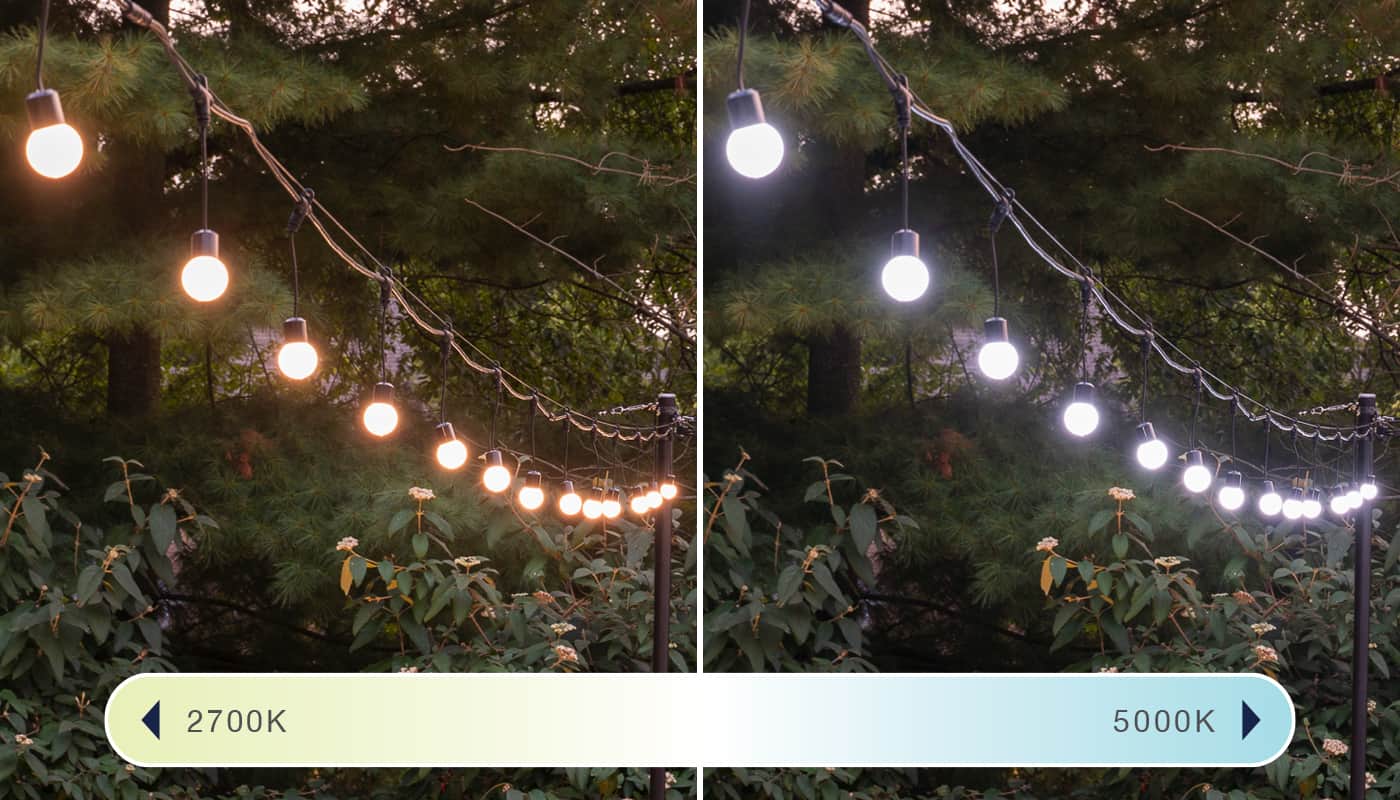 white outdoor string lights kelvin comparison (2700K vs 5000K)