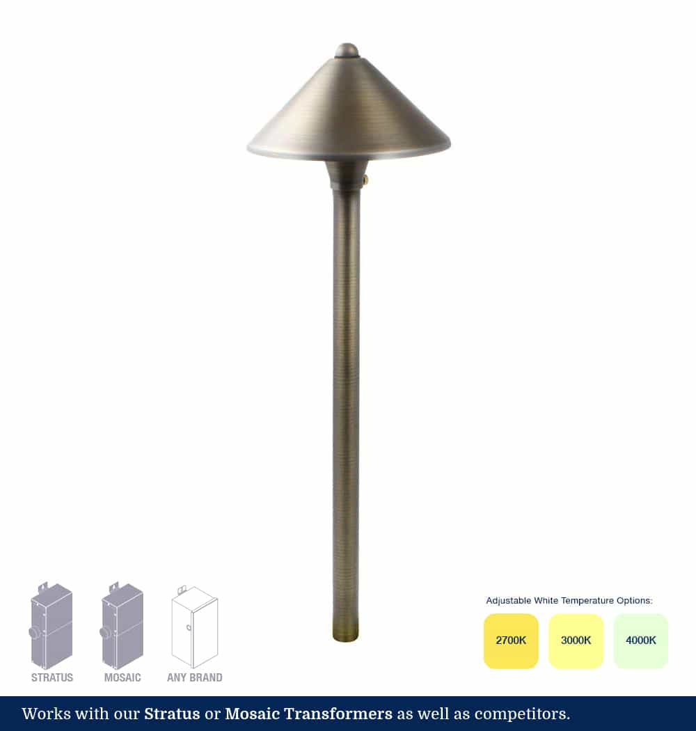 Landscape Lighting Brass Path Light, 6 Watt, 2700k, 3000k, 4000k Selectable. Small cone top.