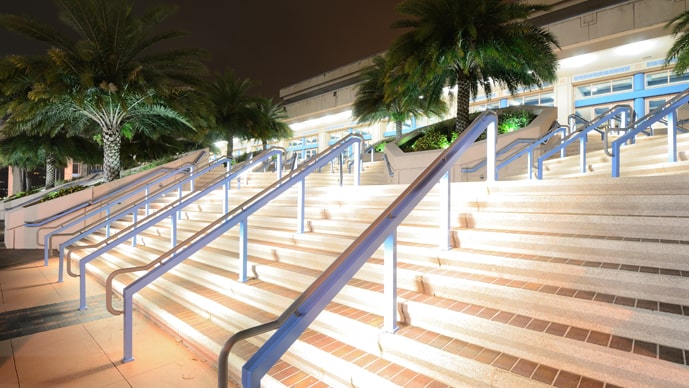 Commercial outdoor lighting on convention center stairs - Haven Lighting