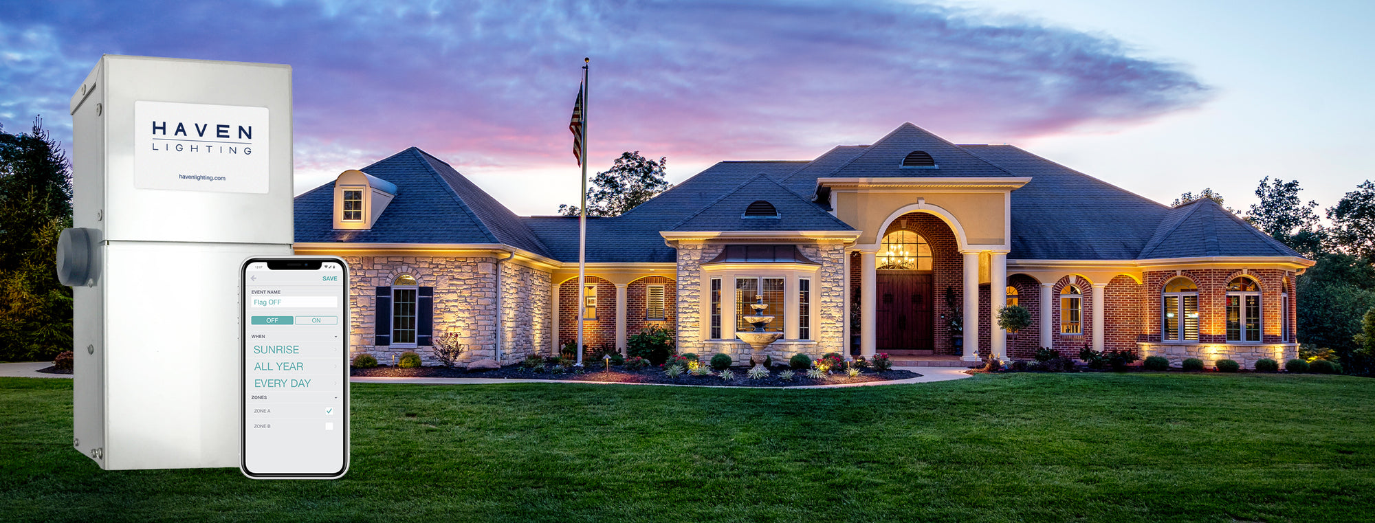 A home lighted with landscape lighting using a smart phone controlled landscape lighting transformer