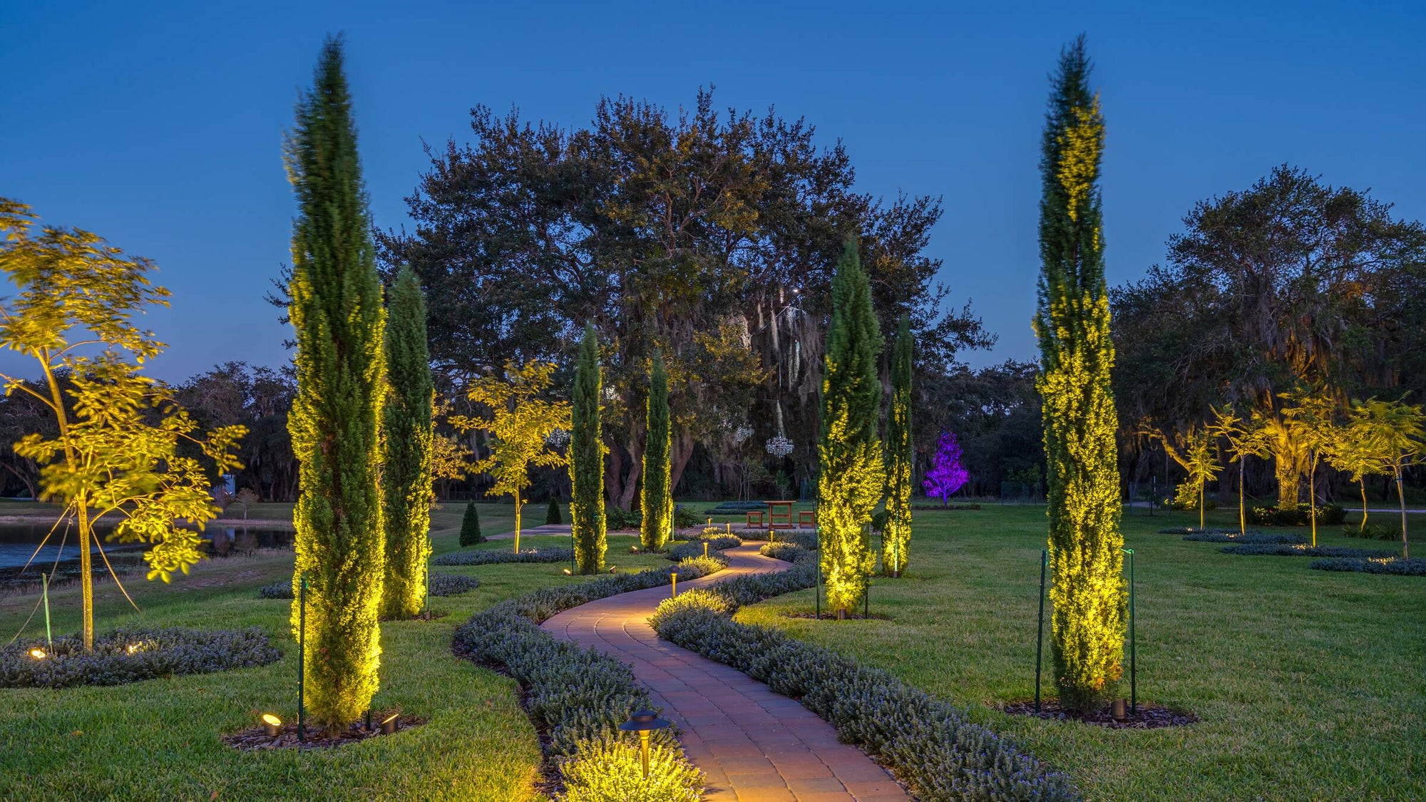 A beautifully lit garden pathway at dusk, enhanced by strategic outdoor lighting.