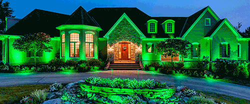 Color changing landscape lighting showing light show capability
