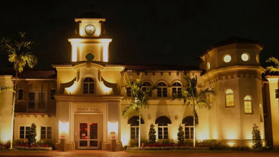 Municipal building, a town hall, in color outdoor LED lighting shown in white