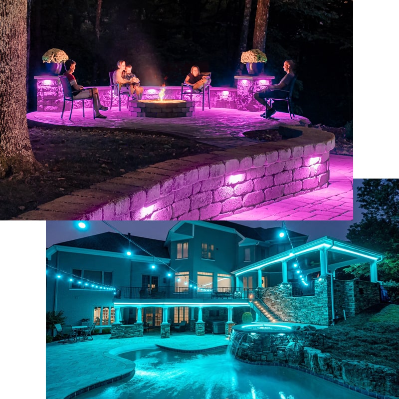 Colored hardscape lighting for backyard in two homes