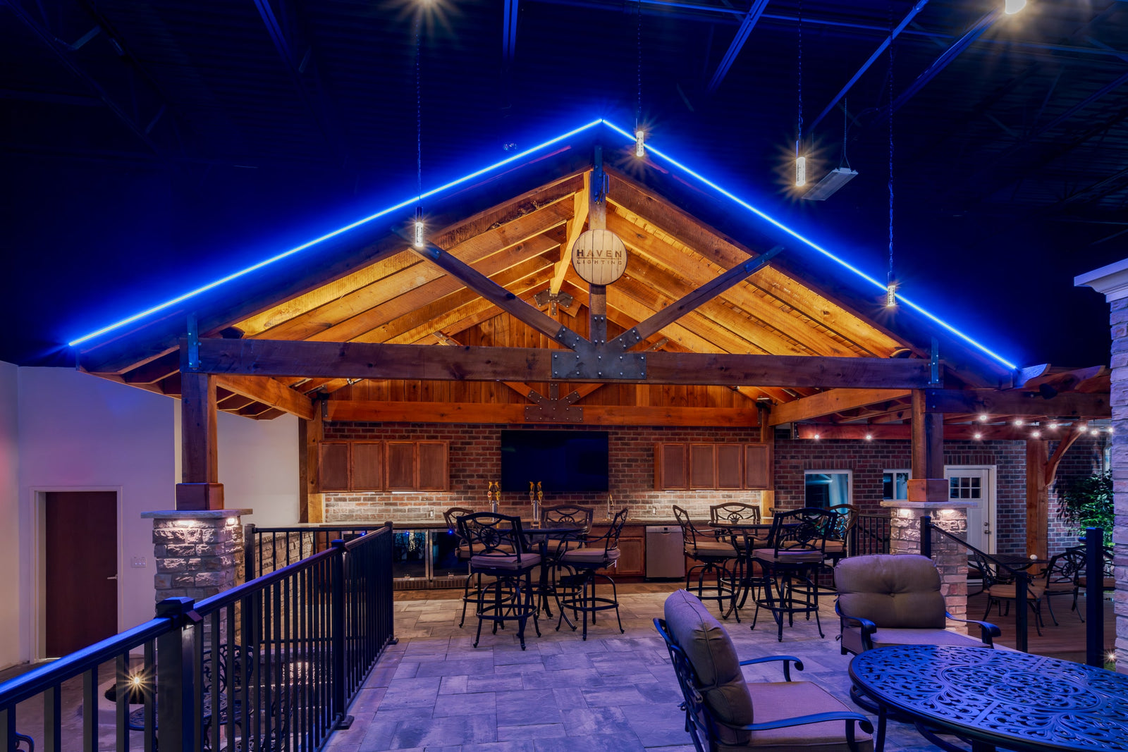 Permanent Christmas Lights on a rustic outdoor pavilion