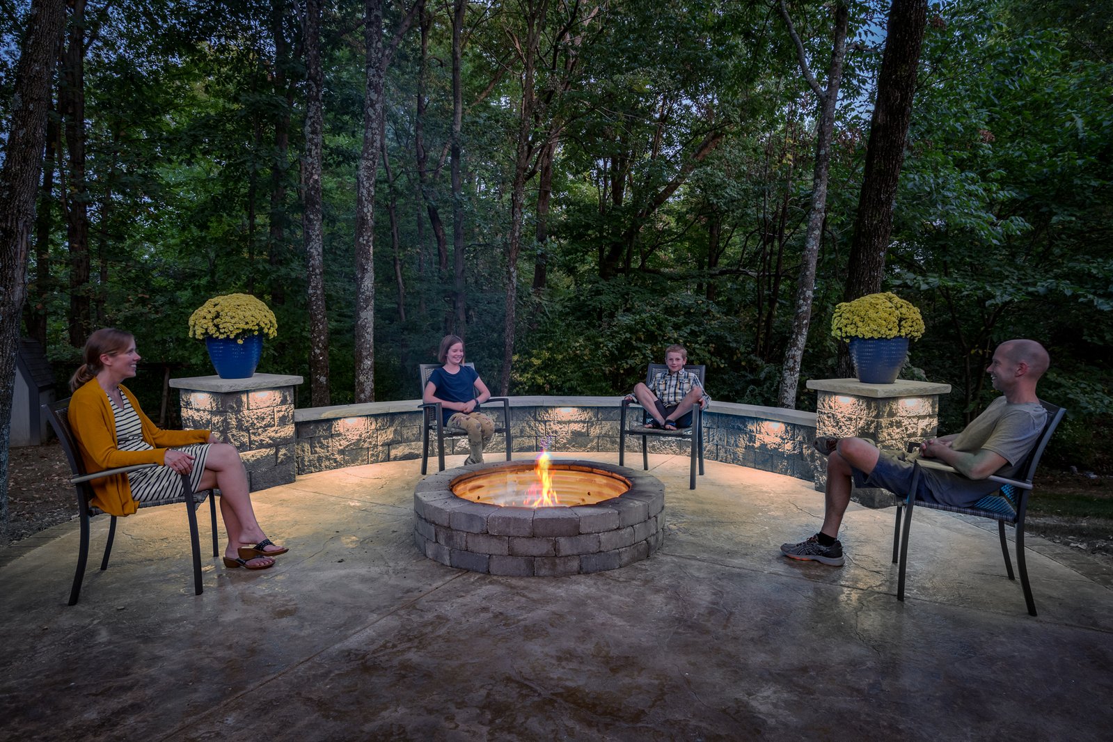 Hardscape lighting at firepit with wireless outdoor lighting