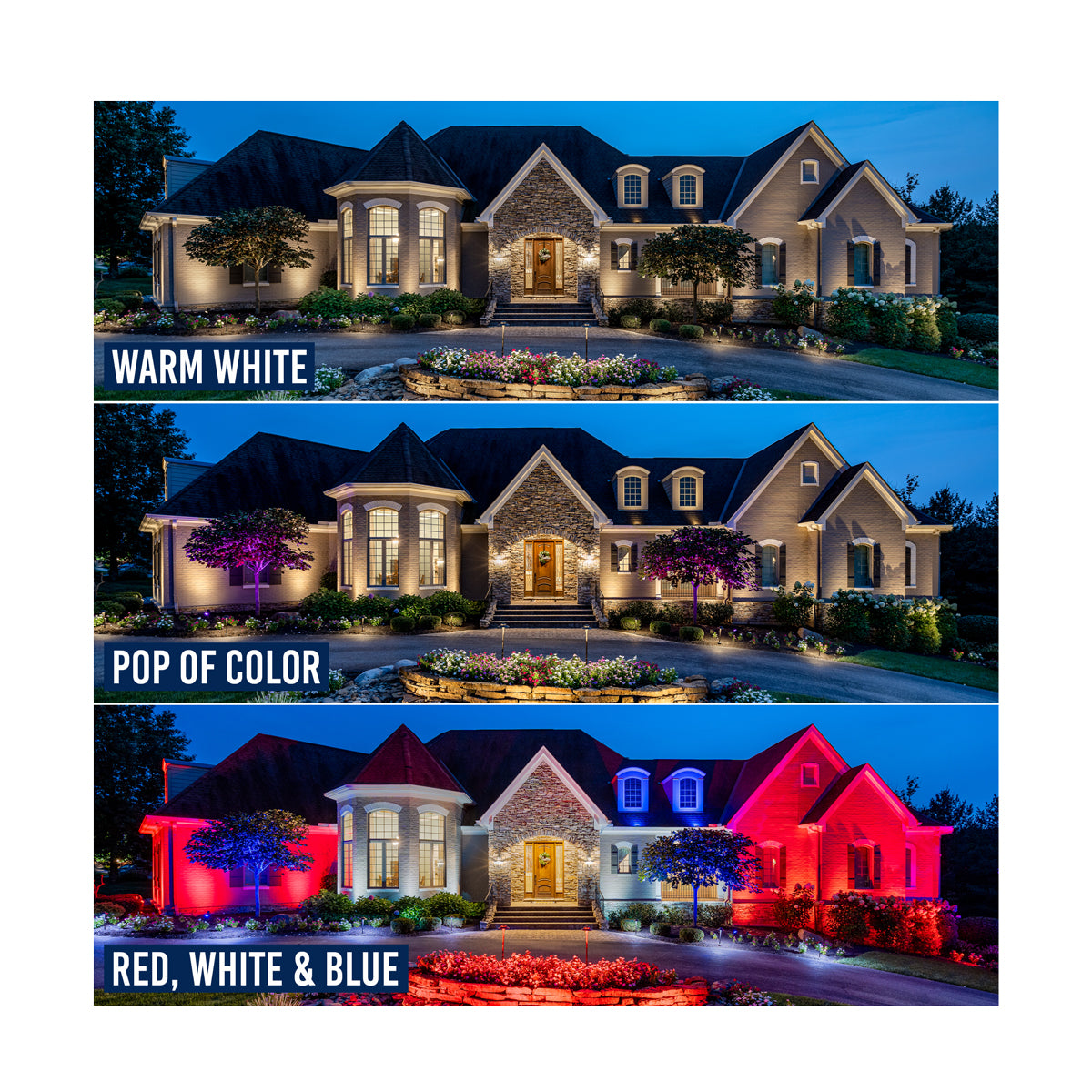 Outdoor LED lighting shown in multiple colors for holidays