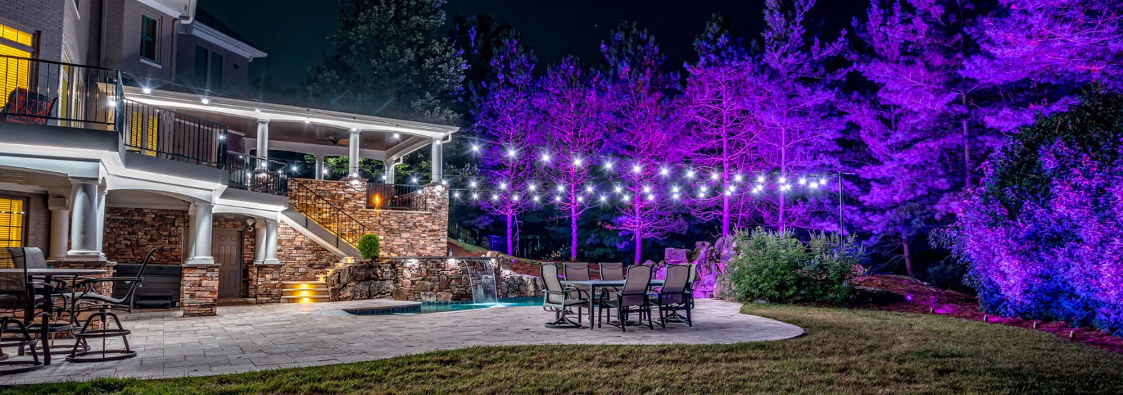 string lights in a upscale backyard