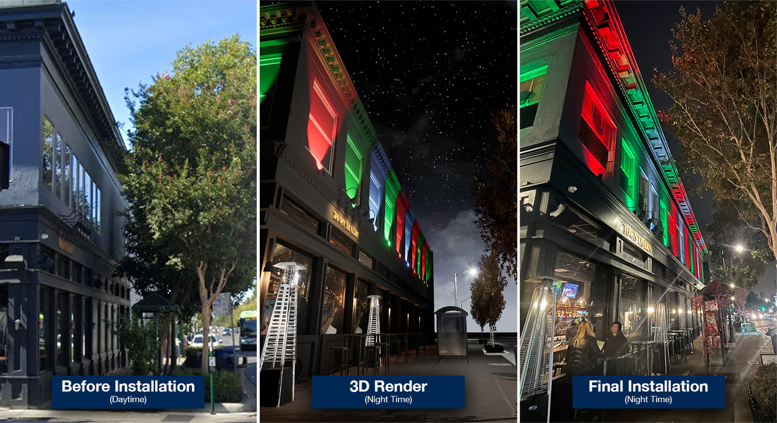 Town Tavern commercial outdoor lighting for holidays