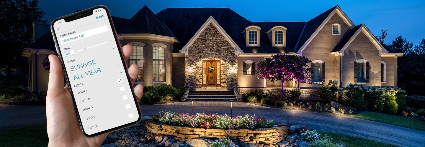 Wireless outdoor lighting on luxury home with Haven Lighting app